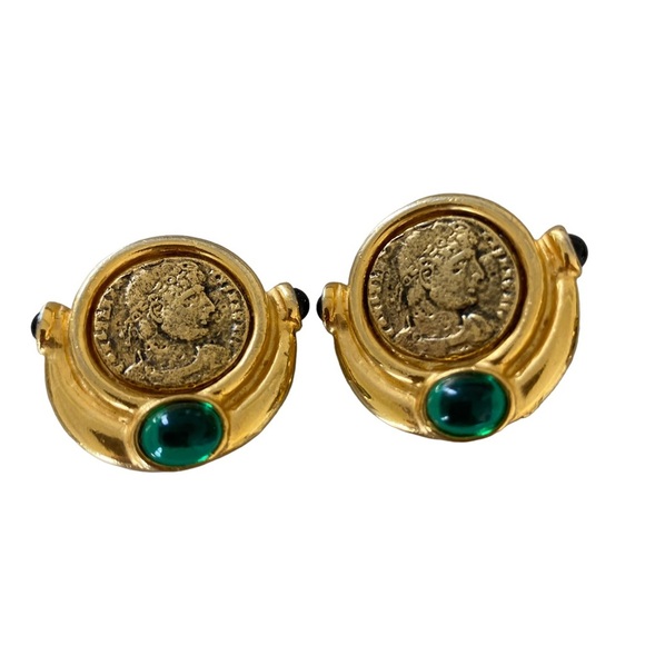 Vintage rare Caralina gold tone clip on Greek revival earrings cabochon coin - Picture 7 of 10